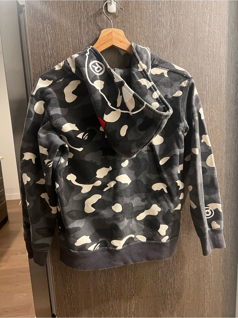Bape Kids Hoodie Black, Gray, White Camo with Red Accent